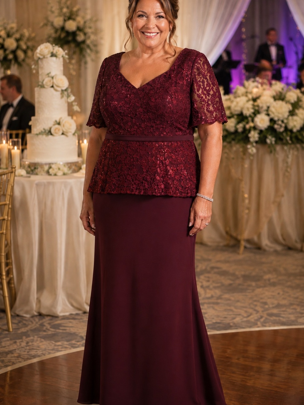 Oleg Cassini  Wine Glitter Lace Peplum Sheath Dress
